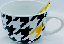 Load image into Gallery viewer, Ceramic oversized houndstooth print mug is perfect for those who require big gulps. Gold stirring spoon completes the set.
