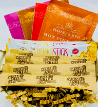 Load image into Gallery viewer, Assorted Harney &amp; Sons individually wrapped tea bags, with 2 imported honey sticks and 4 sugar in the raw sticks help to start your day!
